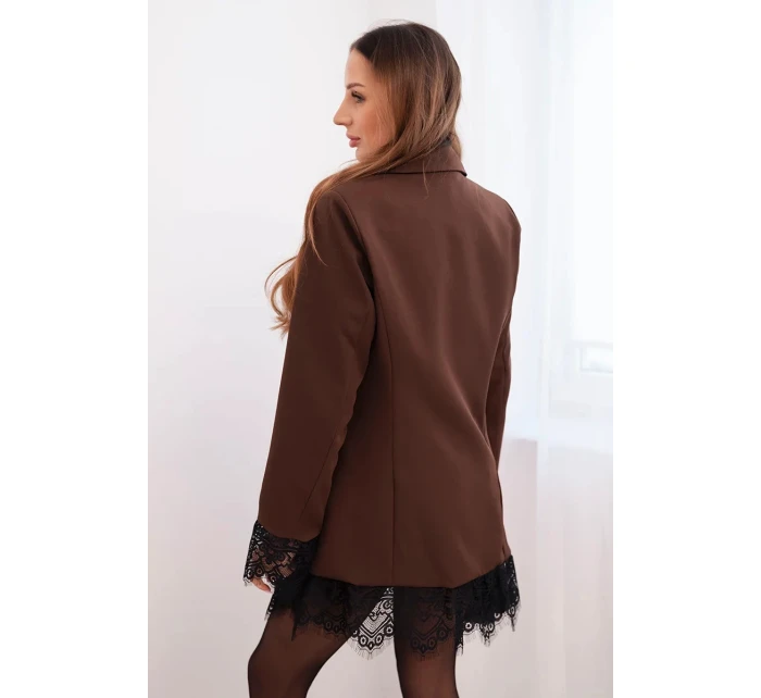Dámská sako hnědá s krajkou na spodní části a na manžetách hnědá
