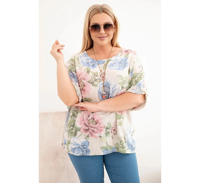 Dámská bavlněná halenka Plus Size s krátkým rukávem a květinovým vzorem béžová