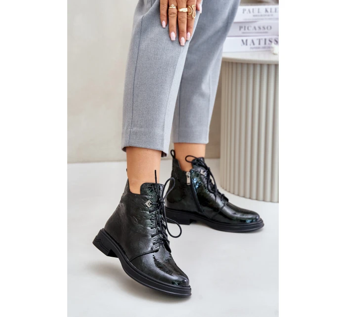 Kožené Lakované Boty Dámské Zateplené Na Zip D&A LZ42-042 Tmavozelené