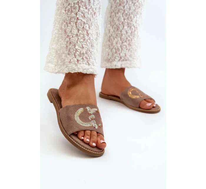 Dámské ploché pantofle s flitry S.Barski Hnědá Dámské ploché pantofle s flitry S.Barski Hnědá