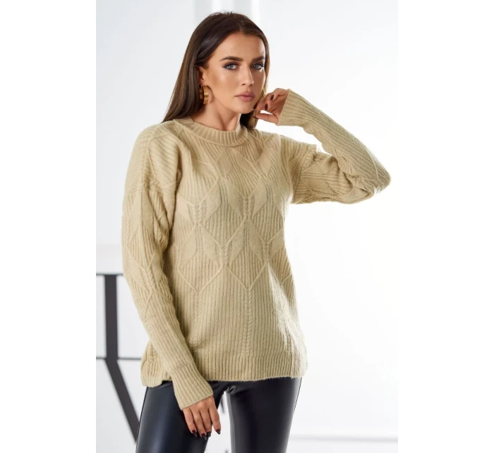 Svetr model 18970345 přes hlavu s módní vazbou béžový - K-Fashion Svetr model 18970345 přes hlavu s módní vazbou béžový - K-Fashion