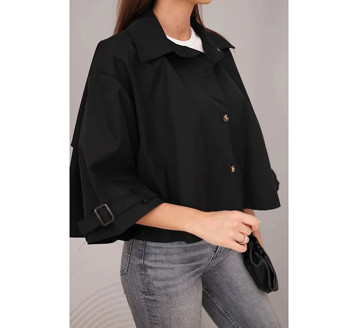 Dámská jarní bavlněná bunda model 22084767 na knoflíky s límcem černá - K-Fashion