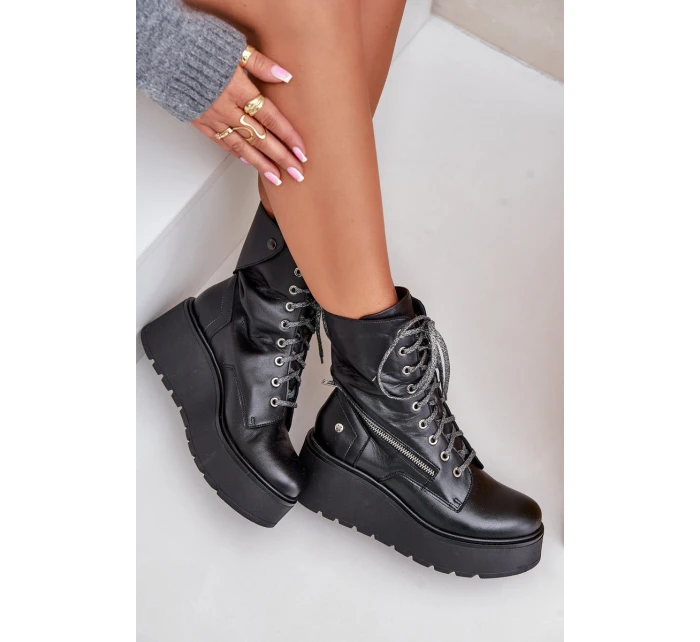Kožené Botky Worker Na Platformě A Klínu model 21678220 Černé - Maciejka