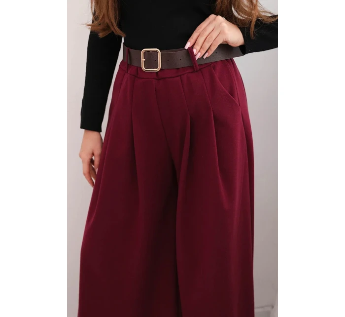 Dámské kalhoty s širokou nohavicí a páskem bordové Dámské kalhoty s širokou nohavicí a páskem bordové