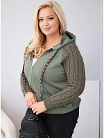 Dámská bavlněná mikina Plus Size s pletenými rukávy a kapucí khaki Dámská bavlněná mikina Plus Size s pletenými rukávy a kapucí khaki
