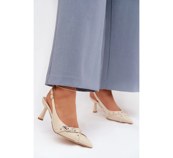 Dámské sandály na podpatku s pásky a sponou Béžové model 22027829 - Boto