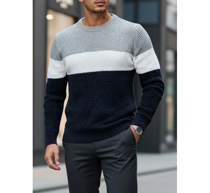 Pánský svetr s kulatým výstřihem šedý tmavě modrý Dstreet model 21994012 - FashionStreet