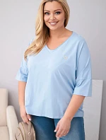 Dámská bavlněná oversize halenka Plus Size s výstřihem do V modrá