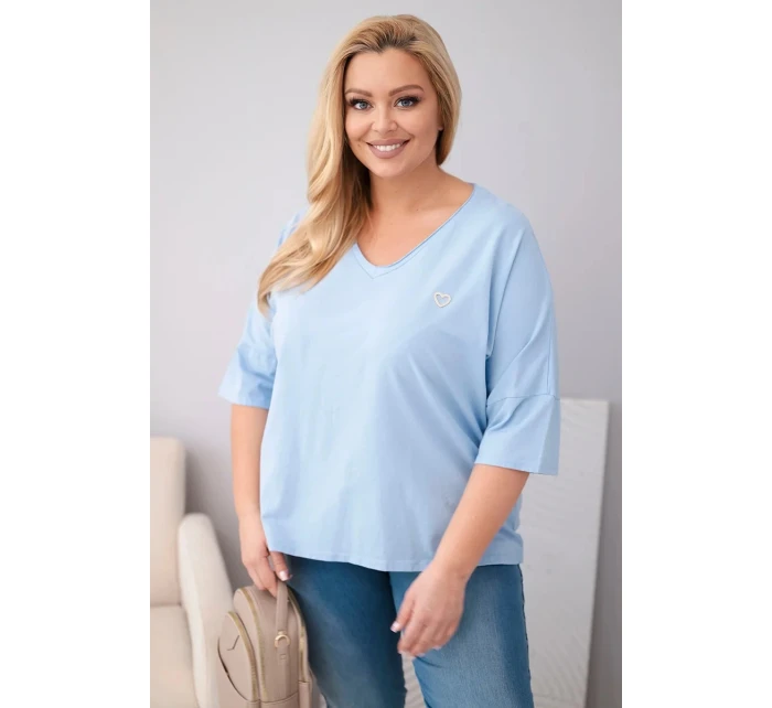 Dámská bavlněná oversize halenka Plus Size s výstřihem do V modrá