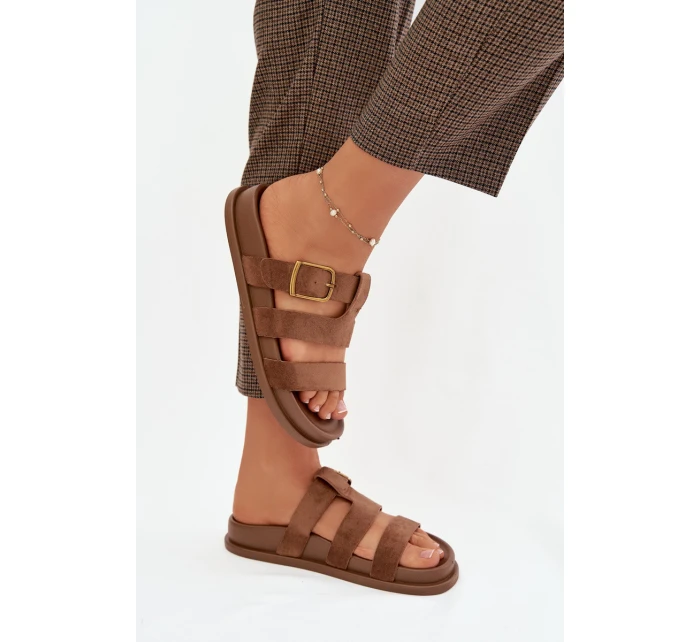 Dámské pantofle s pásky a zlatým sponou, hnědé Ulirissa Dámské pantofle s pásky a zlatým sponou, hnědé Ulirissa