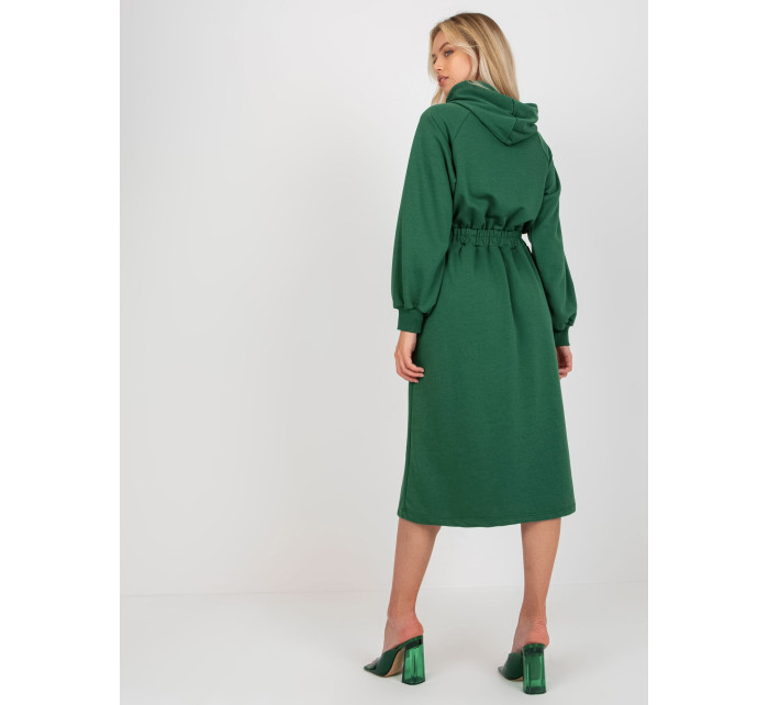 Tmavě zelené rozevláté mikinové šaty s kapucí