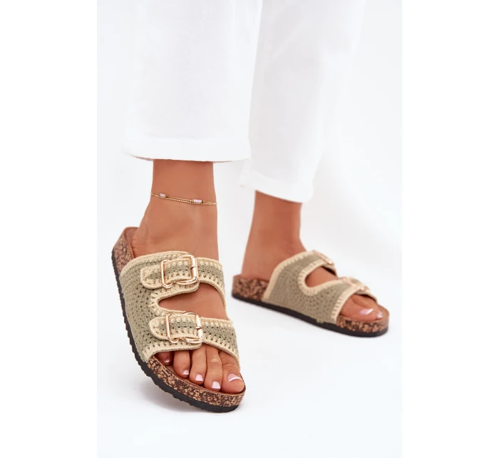 Dámské háčkované pantofle se zlatými přezkami – zelené Fenira