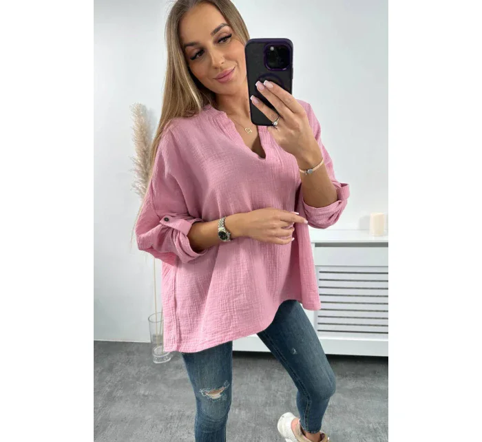 Mušelínová halenka s ohrnutými rukávy tmavě růžová Mušelínová halenka s ohrnutými rukávy tmavě růžová