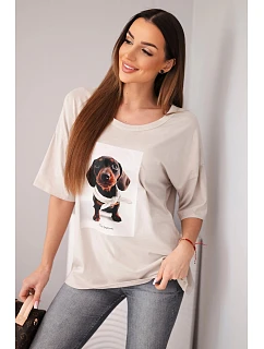Dámská bavlněná oversize halenka s potiskem  béžová model 22040094 - K-Fashion