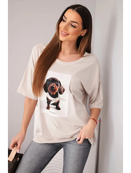 Dámská bavlněná oversize halenka s potiskem  béžová model 22040094 - K-Fashion