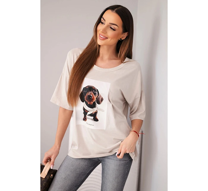 Dámská bavlněná oversize halenka s potiskem  béžová model 22040094 - K-Fashion