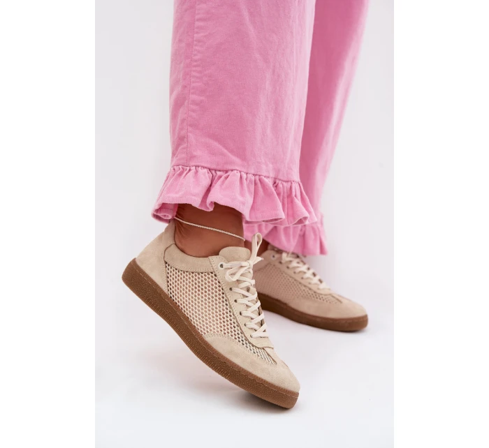 Kožené semišové dámské tenisky s síťovinou model 22027653 Béžové - Zazoo