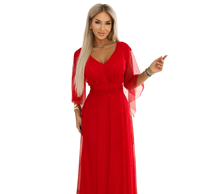 655-5 Dlouhé světlé třpytivé šaty s výstřihem a průhlednými rukávy - červené