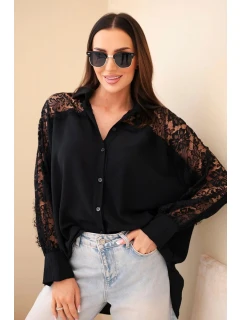 Dámská viskózová košile s krajkovými rukávy a límečkem černá
