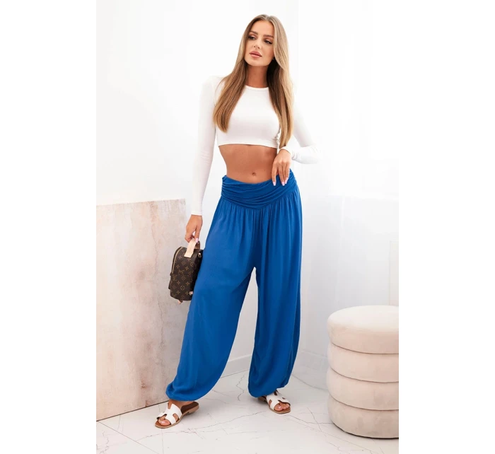Dámské viskózové kalhoty s širokými nohavicemi a volánky chrpově modrá
