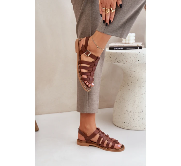 Kožené sandály na plochém podpatku hnědé Zazoo model 21682324 - Boto Kožené sandály na plochém podpatku hnědé Zazoo model 21682324 - Boto