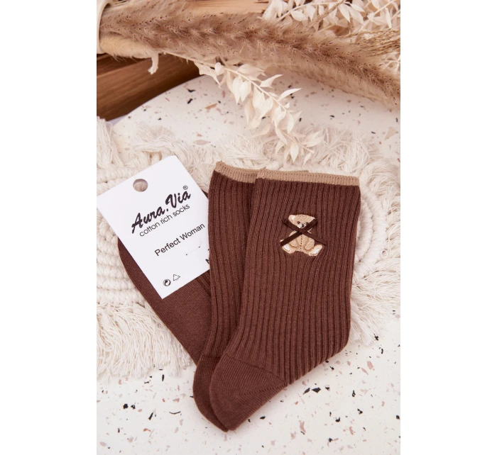 Bavlněné žebrované ponožky s medvídkem – čokoládové