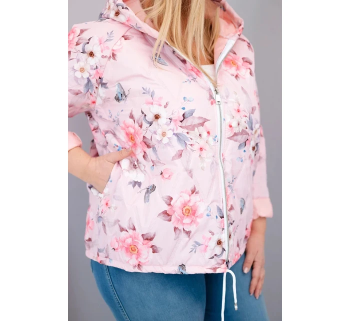 Dámská jarní prošívaná bunda Plus Size s kapucí a květinovým vzorem pudrově růžová