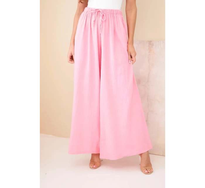 Dámské široké bavlněné kalhoty s gumou v pase cukrově růžová Dámské široké bavlněné kalhoty s gumou v pase cukrově růžová