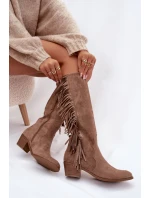Dámské kozačky na podpatku s třásněmi zateplené khaki Firlina Dámské kozačky na podpatku s třásněmi zateplené khaki Firlina