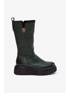 Dámské kožené kozačky se zateplením Zazoo – olivkové