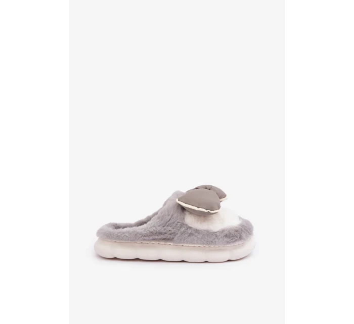 Futrzane Pantofle S Mašlí Šedé Grilis