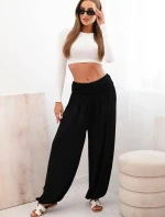 Dámské viskózové kalhoty s širokými nohavicemi a volánky černý