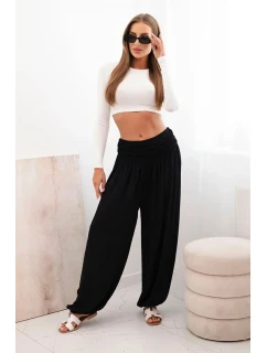 Dámské viskózové kalhoty s širokými nohavicemi a volánky černý