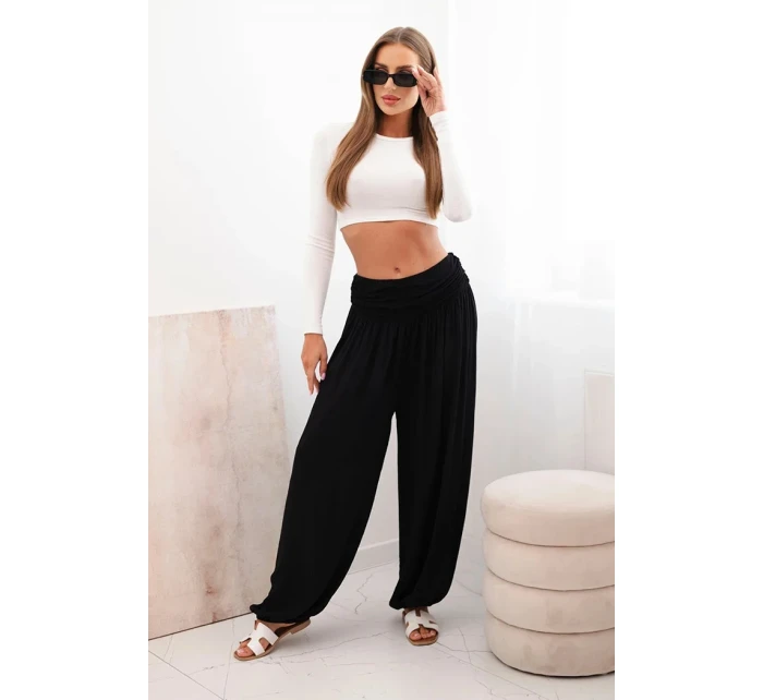 Dámské viskózové kalhoty s širokými nohavicemi a volánky černý