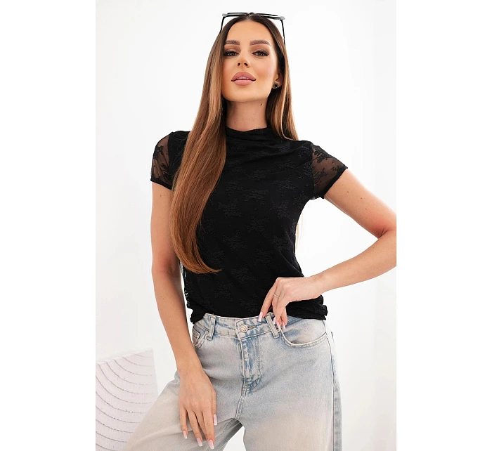 Dámská viskózová krajková halenka s krátkým rukávem a polo rolákem černá