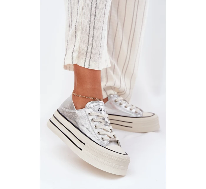 Dámské Kožené Tenisky Na Platformě GOE RR2N4108 Stříbrné