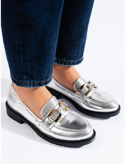 Módní mokasíny dámské stříbrné platforma Módní mokasíny dámské stříbrné platforma
