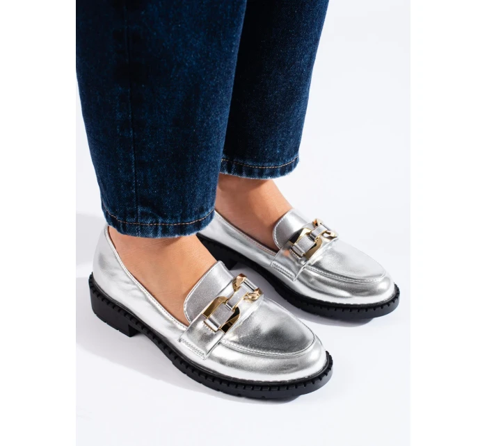 Módní mokasíny dámské stříbrné platforma Módní mokasíny dámské stříbrné platforma
