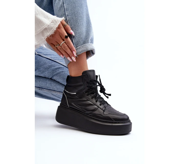 model 21647202 Dámské Kožené Sportovní Boty na Platformě Černé - Zazoo