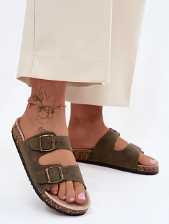 Dámské pantofle s přezkami na korkové podrážce tmavě zelené Harleen