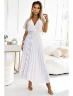 585-1 Plisowana letnia sukienka midi z dekoltem i szerokim paskiem - ECRU 585-1 Plisowana letnia sukienka midi z dekoltem i szerokim paskiem - ECRU