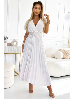 585-1 Plisowana letnia sukienka midi z dekoltem i szerokim paskiem - ECRU