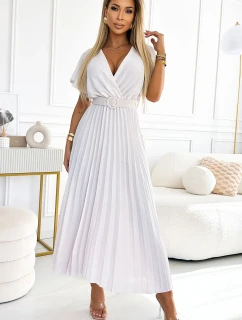 585-1 Plisowana letnia sukienka midi z dekoltem i szerokim paskiem - ECRU