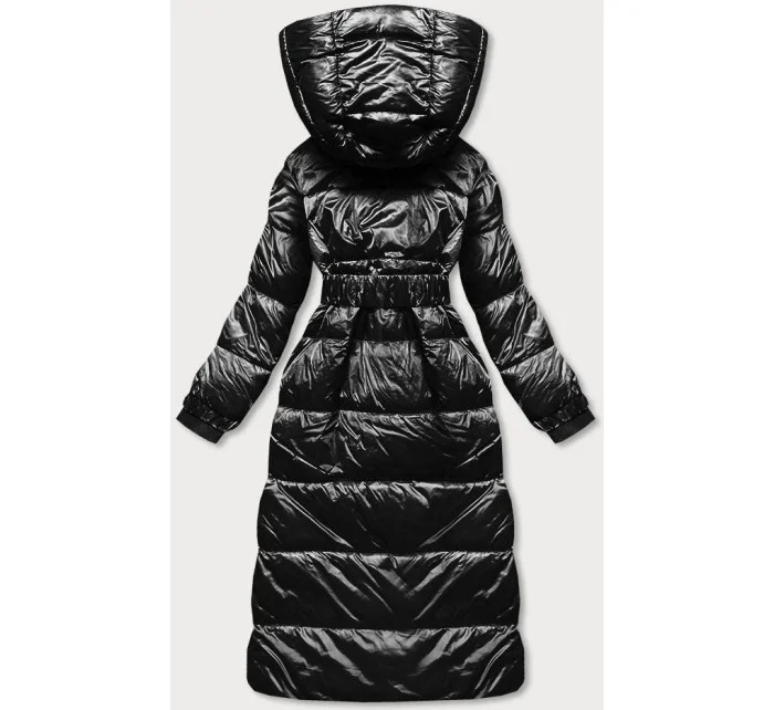 Černá dlouhá dámská bunda s opaskem (ag8-8002)