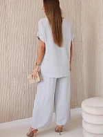 Komplet s náhrdelníkem halenka + kalhoty šedý