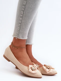 Dámské lodičky z ekologického semiše s mašlí a broží v jemně béžové barvě Satris