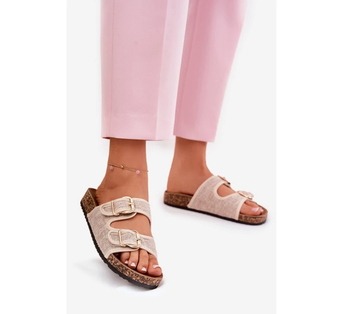 Dámské Textilní Pantofle Na Korek Platformě S Přezkami Béžové Osoffe