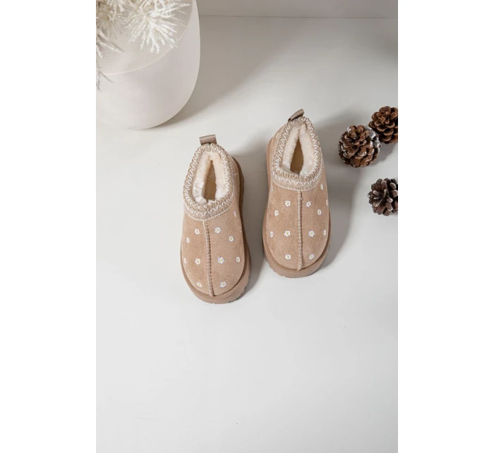 Dětské sněhule s květinami, zateplené kožíškem Palina – béžové