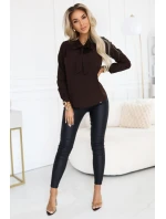 140-29 Služební halenka s dlouhým rukávem a zavazováním vpředu - čokoládová