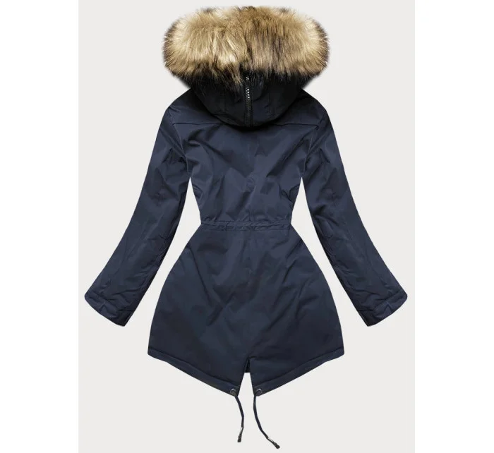 Tmavě modrá dámská prošívaná zimní bunda s kožešinou (m-137)